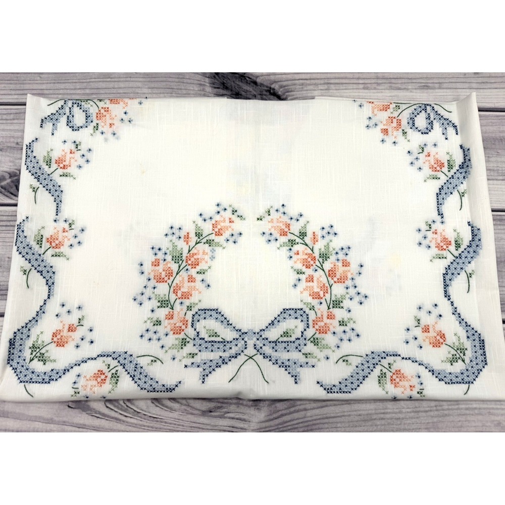 VINTAGE WHITE NEEDLEPOINT TABLECLOTH WITH BLUE / PINK FLORAL DESIGN‎ - 68" X 52"